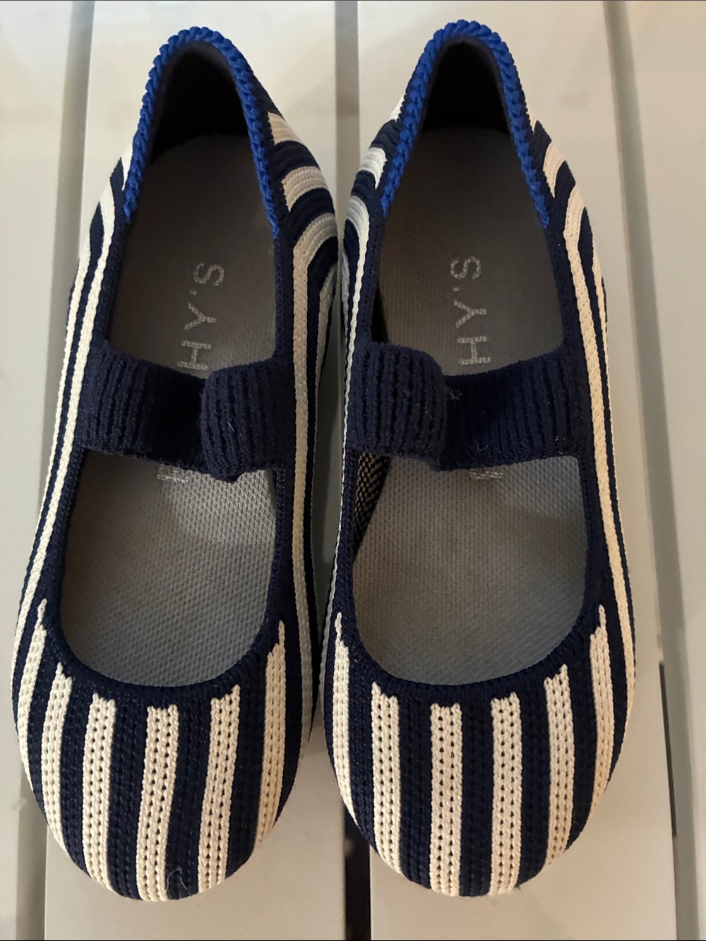 Rothy’s Navy & White Striped Kids Mary Jane Shoes- New-size 8